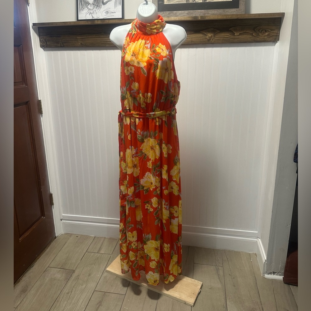 Cato Floral Belted Halter Maxi Dress Orange Yellow Sz 18/20W Hawaii Vacation